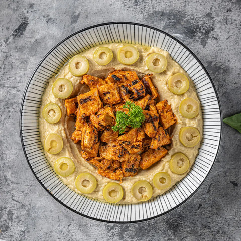 Hummus with Lebanese Grilled Chicken, Chicken & Green Olives