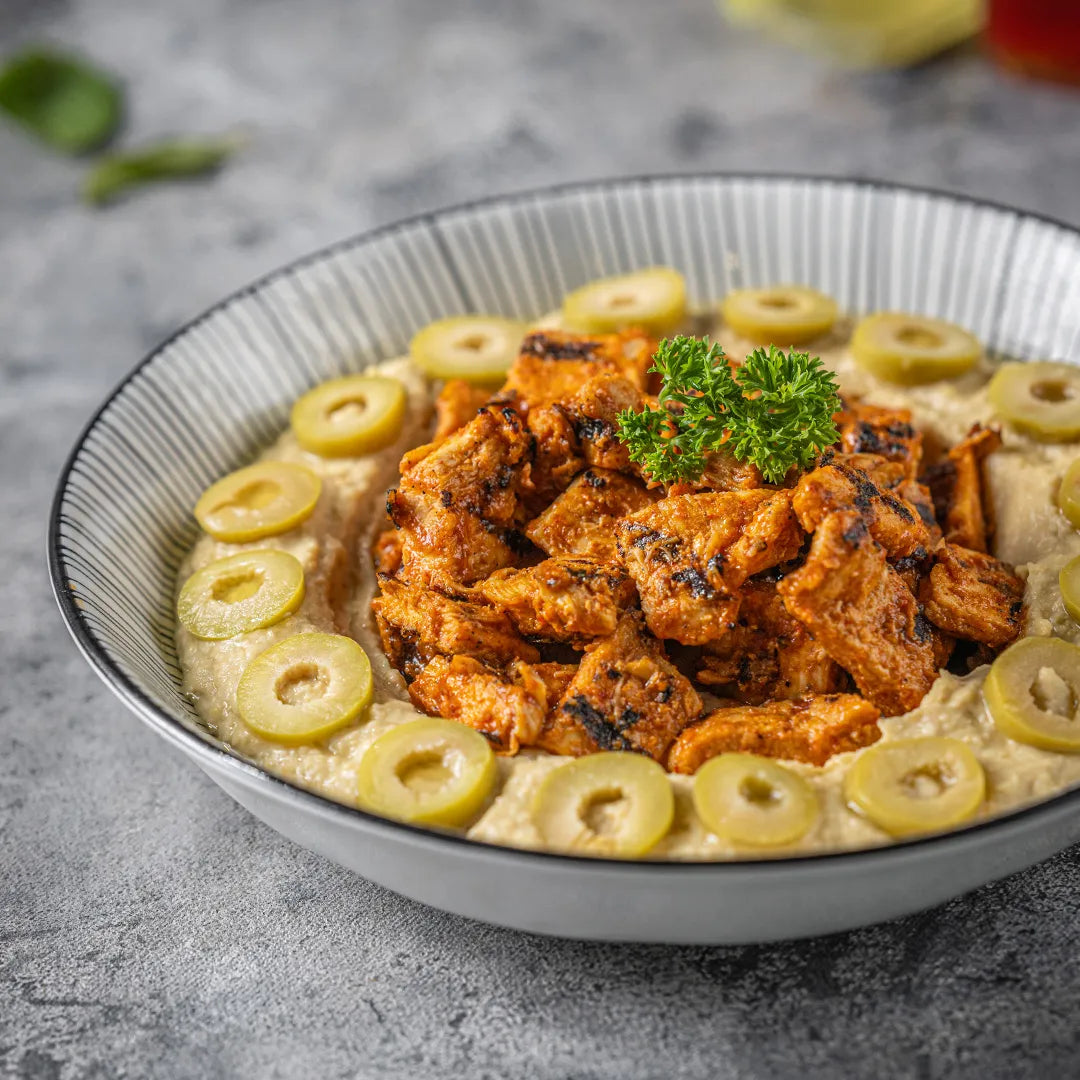 Hummus with Lebanese Grilled Chicken, Chicken & Green Olives